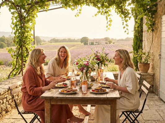 Three friends having lunch on a Provence terrace with lavender fields