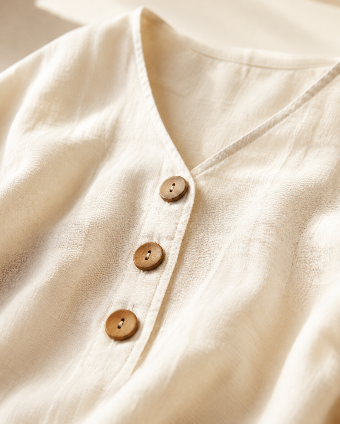 Vivia Linen Blouse — Cream V-neckline and wooden button detail