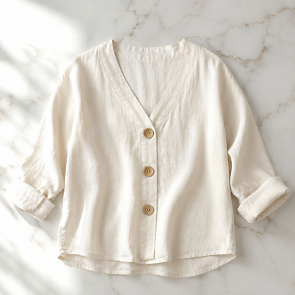 Vivia Linen Blouse — Cream flat lay on warm white marble