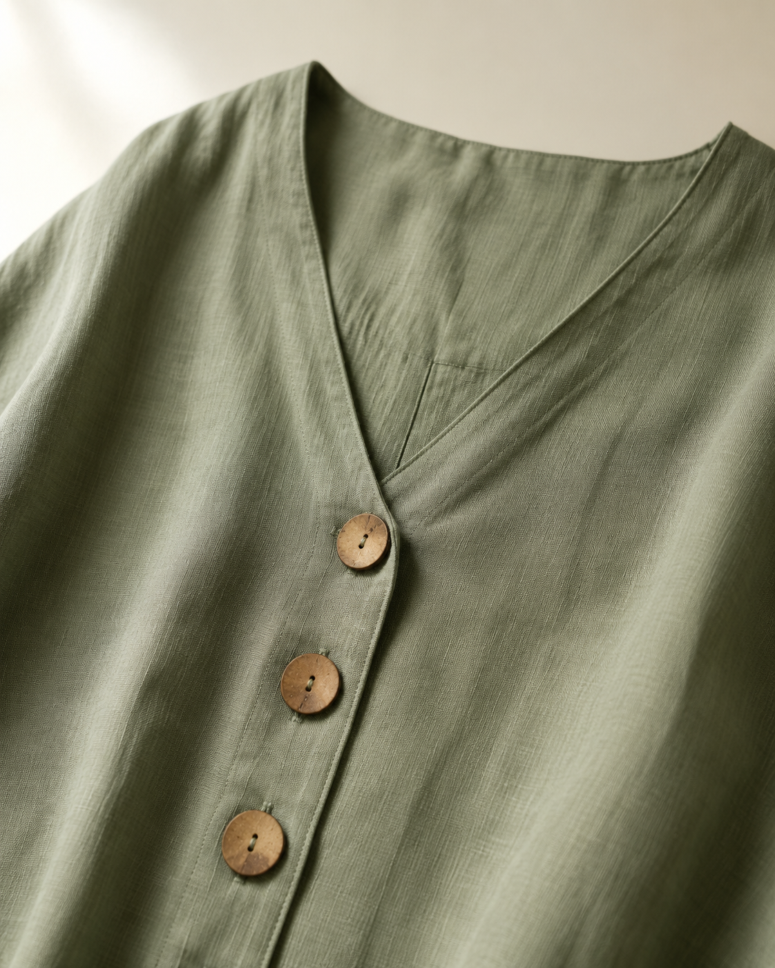 Vivia Linen Blouse — Sage V-neckline and wooden button detail