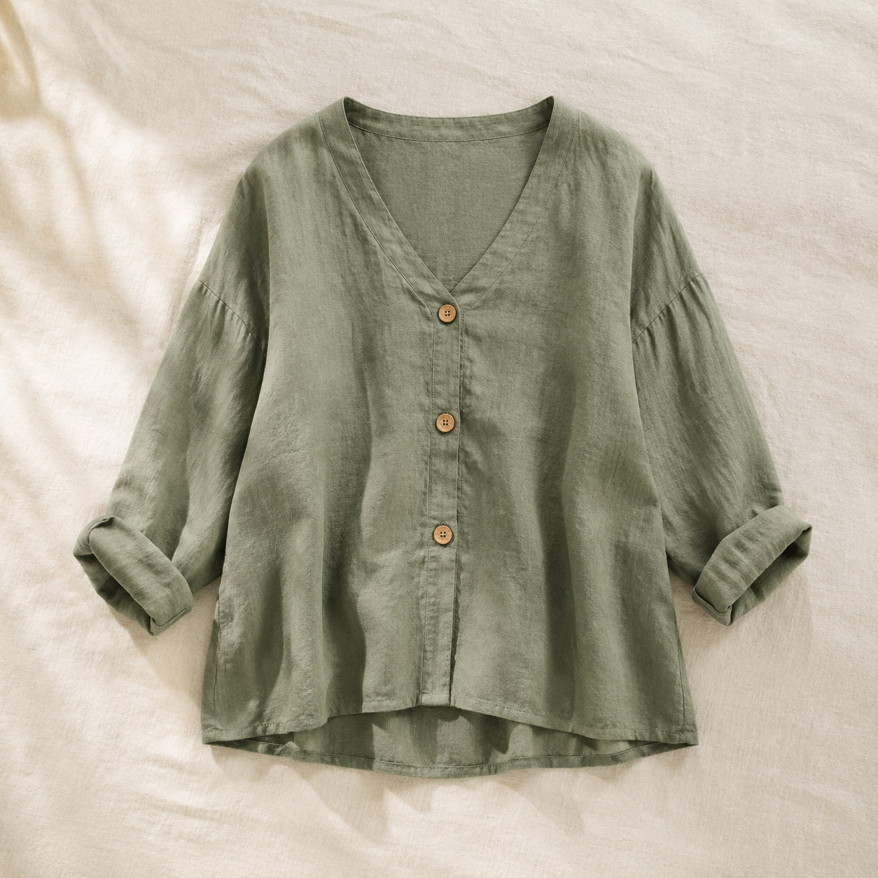 Vivia Linen Blouse — Sage flat lay on cream linen surface