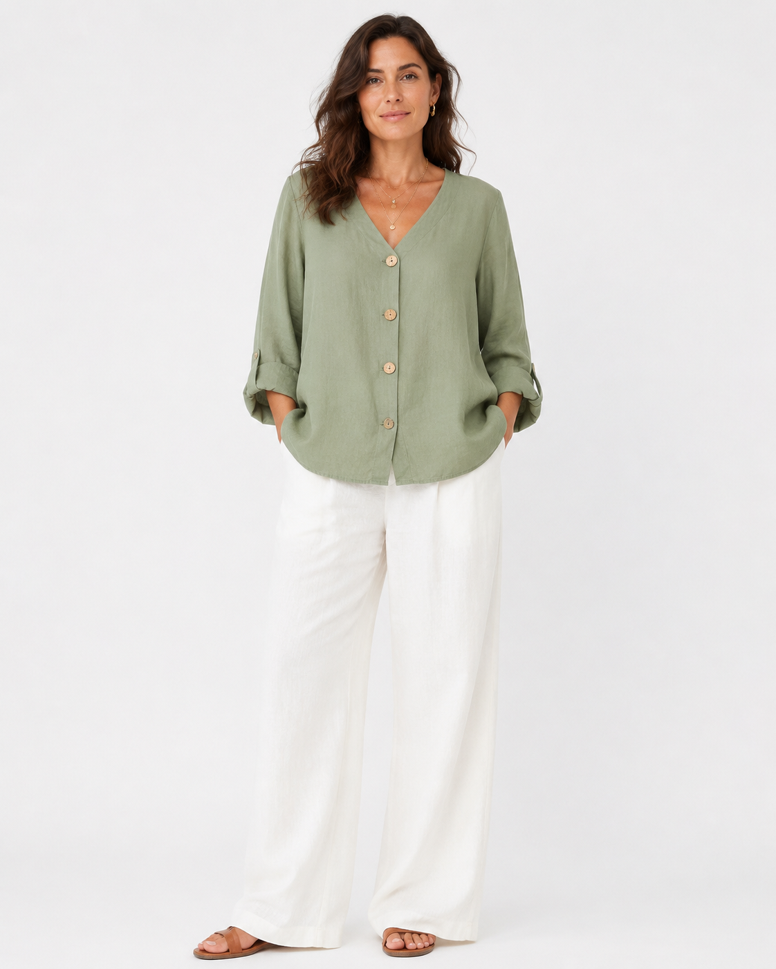 Vivia Linen Blouse — Sage, full length model shot on white background