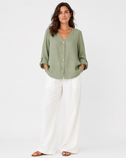 Vivia Linen Blouse — Sage, full length model shot on white background