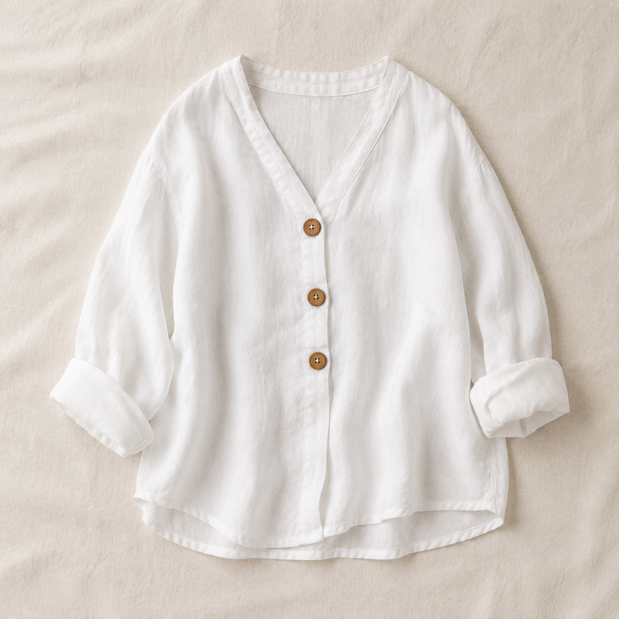 Vivia Linen Blouse — White flat lay on cream linen surface