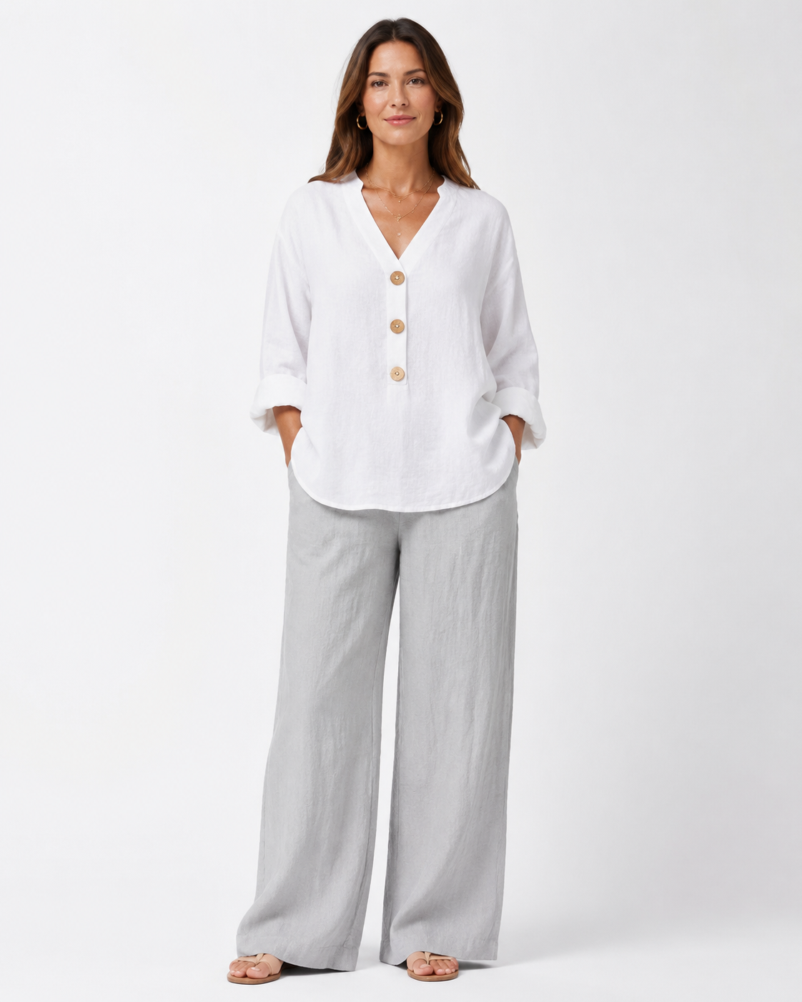Vivia Linen Blouse — White, full length model shot on white background