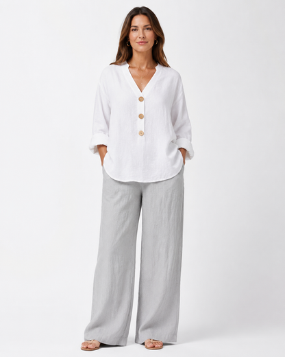 Vivia Linen Blouse — White, full length model shot on white background