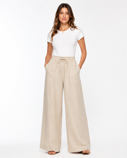 Vivia Linen Trouser — Sand full-length wide-leg silhouette on white background
