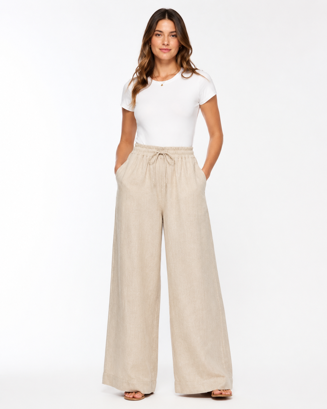 Vivia Linen Trouser — Sand full-length wide-leg silhouette on white background