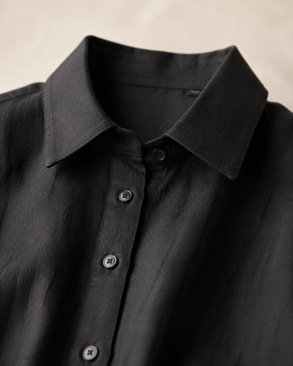 Vivia Linen Shirt Dress — Black Detail