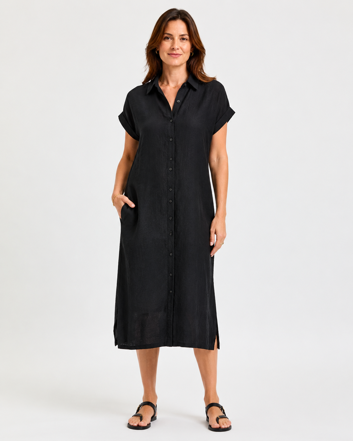 Vivia Linen Shirt Dress — Black Model