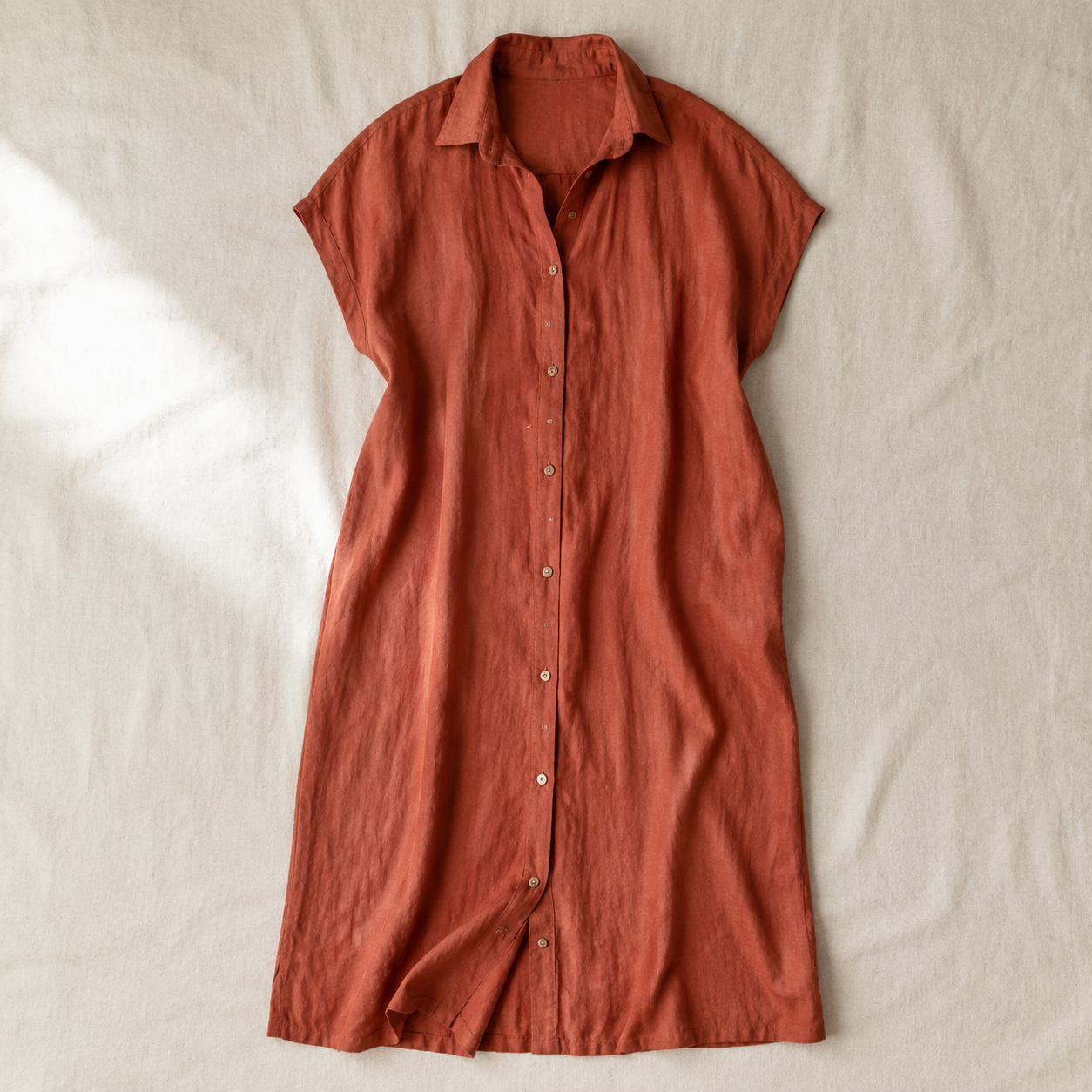 Vivia Linen Shirt Dress — Brick Red Flatlay