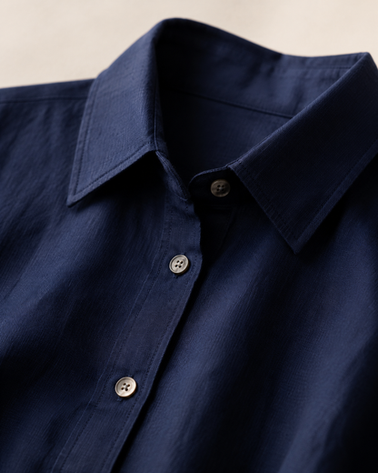 Vivia Linen Shirt Dress — Dark Blue Detail