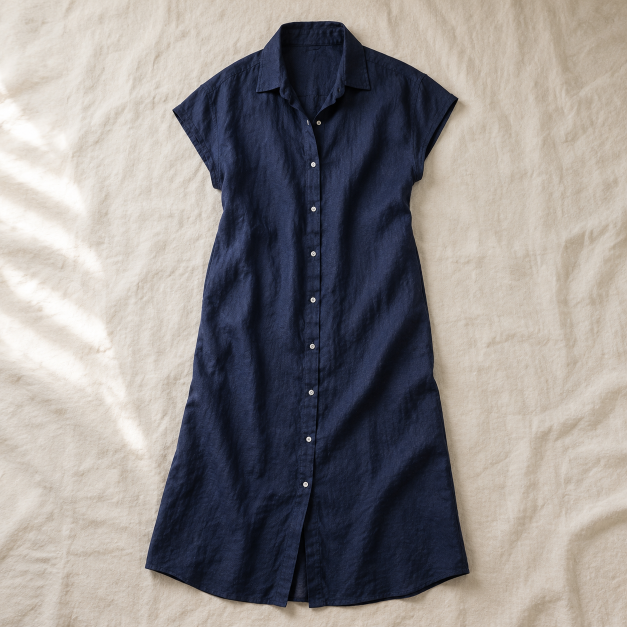 Vivia Linen Shirt Dress — Dark Blue Flatlay