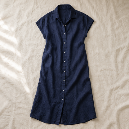 Vivia Linen Shirt Dress — Dark Blue Flatlay