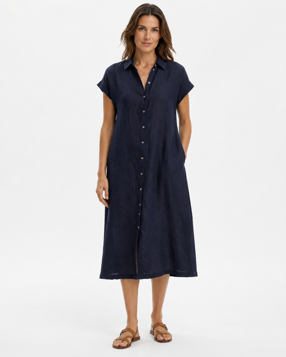 Vivia Linen Shirt Dress — Dark Blue Model