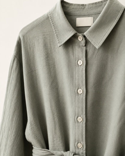 Vivia Linen Shirt Dress — Gray Green Detail
