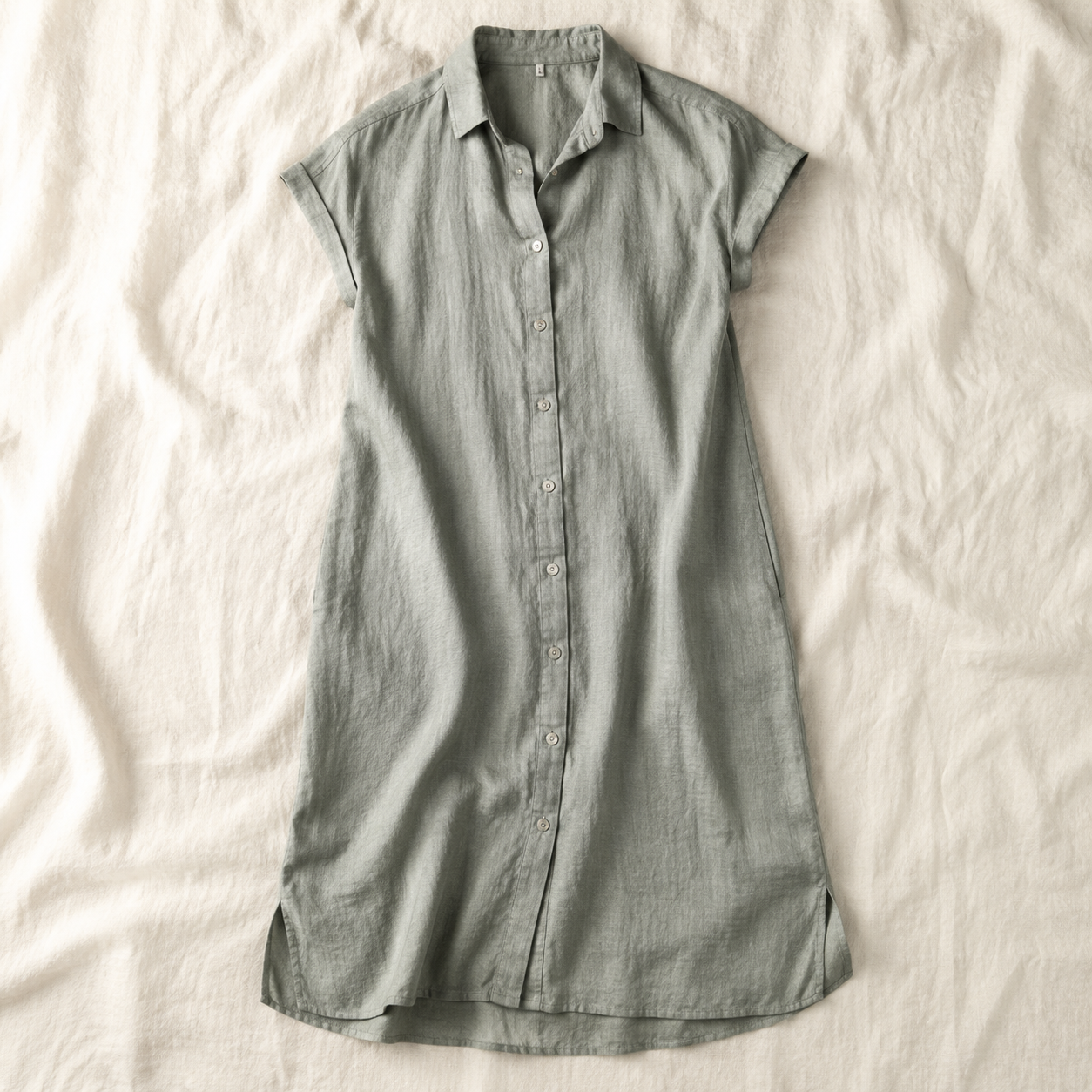 Vivia Linen Shirt Dress — Gray Green Flatlay