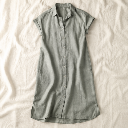 Vivia Linen Shirt Dress — Gray Green Flatlay