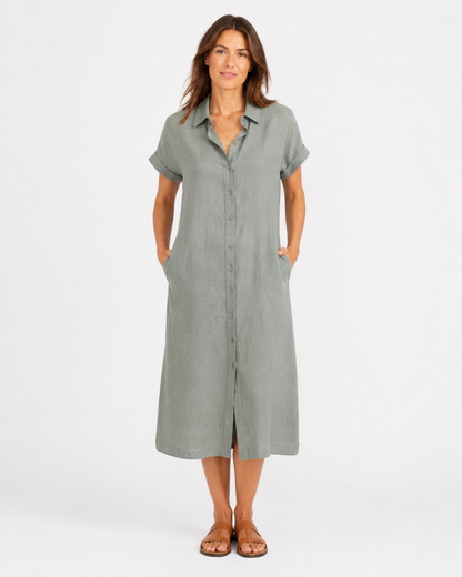 Vivia Linen Shirt Dress — Gray Green Model