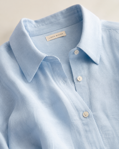 Vivia Linen Shirt Dress — Light Blue Detail