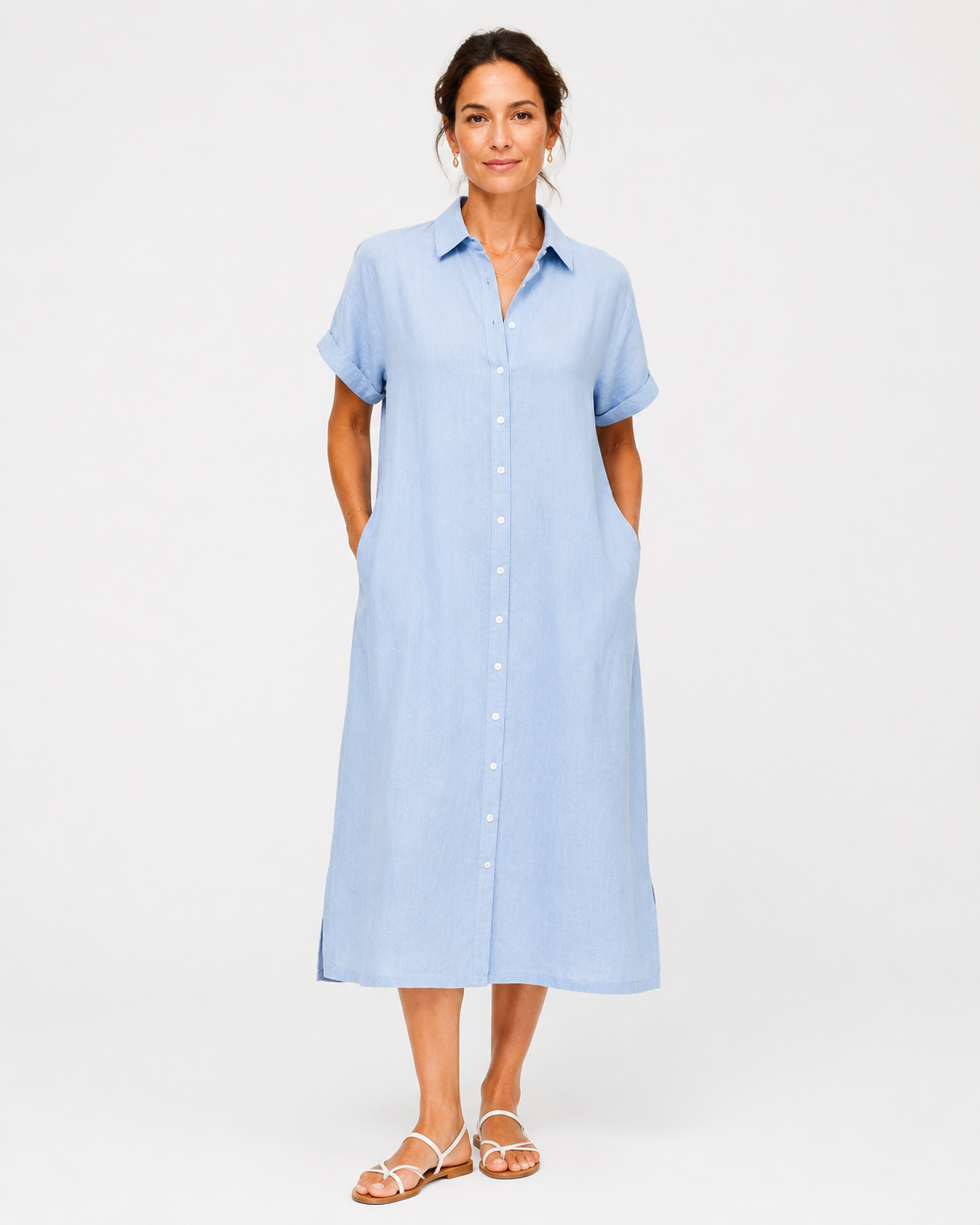 Vivia Linen Shirt Dress — Light Blue Model