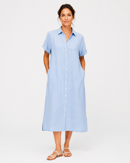 Vivia Linen Shirt Dress — Light Blue Model