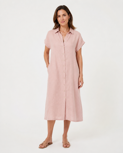 Vivia Linen Shirt Dress — Pink Model