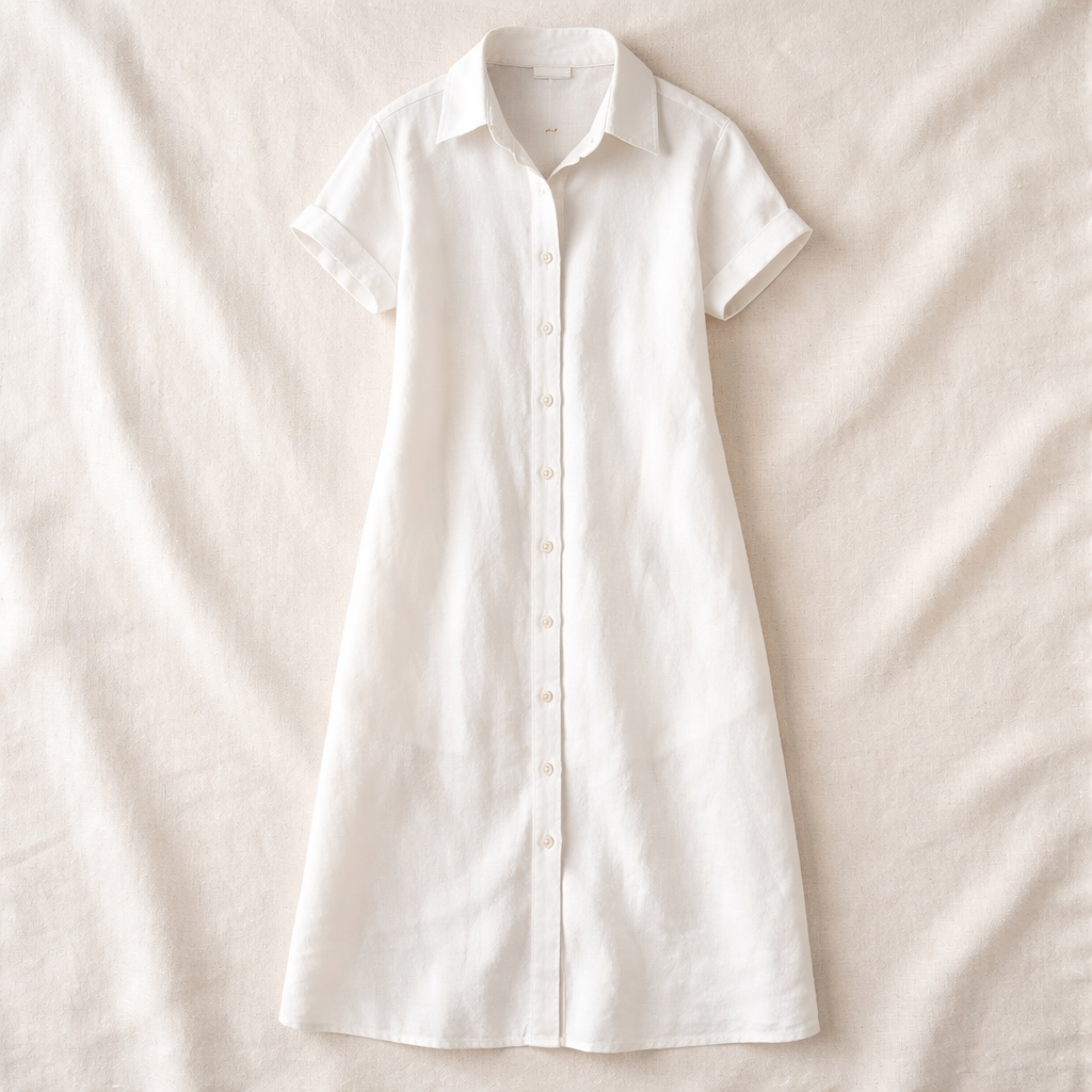 Vivia Linen Shirt Dress — White Flatlay