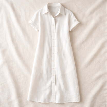 Vivia Linen Shirt Dress — White Flatlay