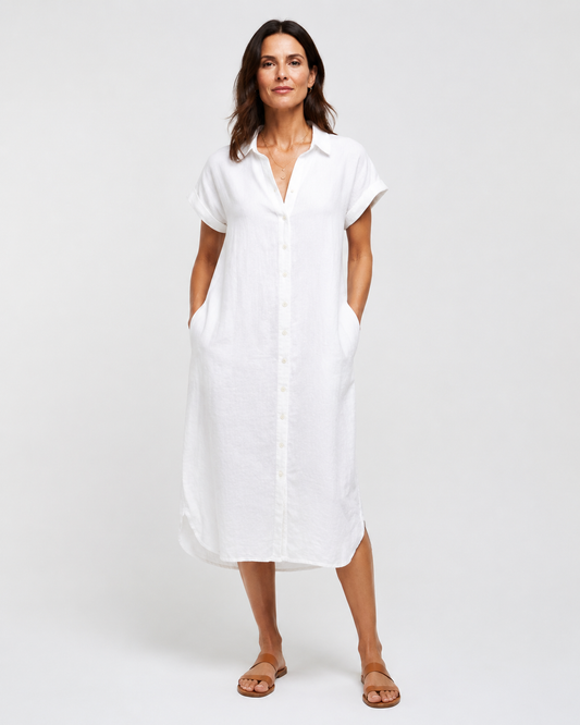 Vivia Linen Shirt Dress — White Model