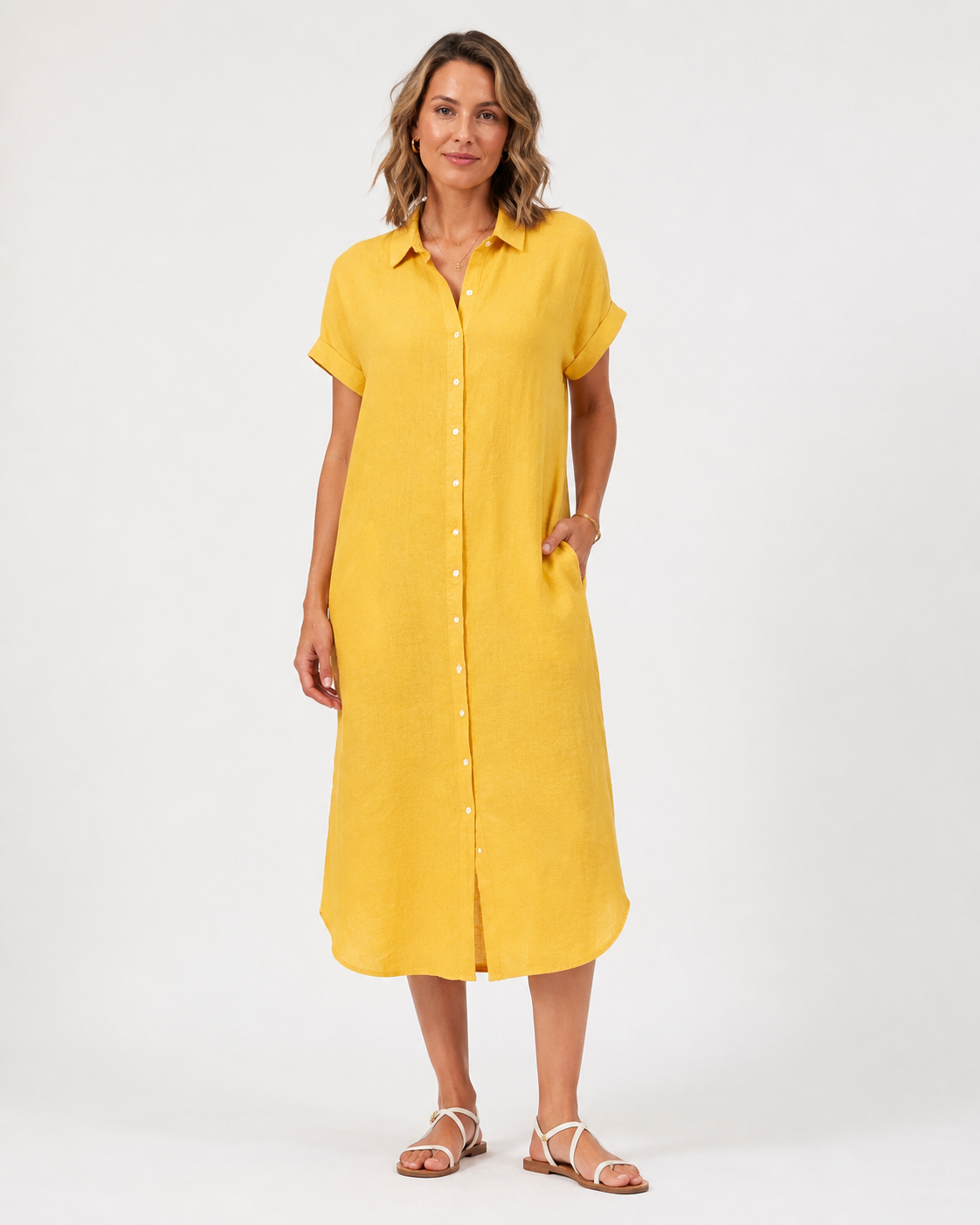 Vivia Linen Shirt Dress — Yellow Model