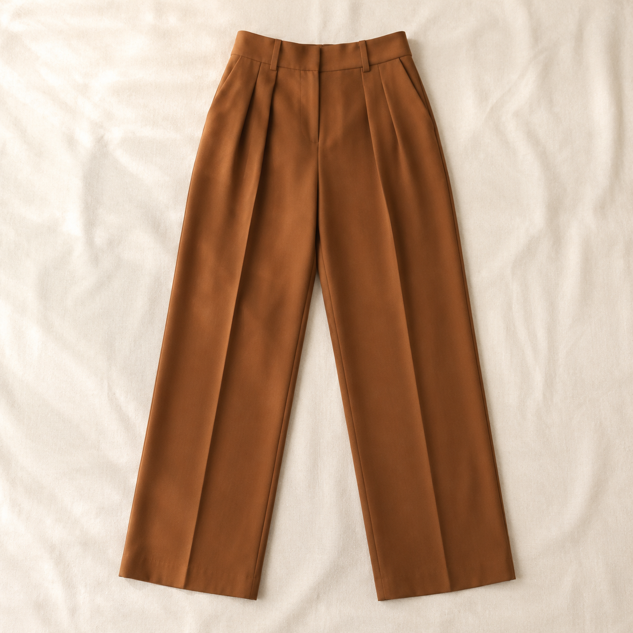 Vivia Tailored Trouser — Brown flat lay showing pleats
