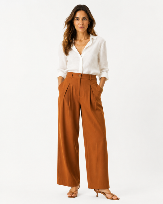 Vivia Tailored Trouser — Brown, full length model shot on white background