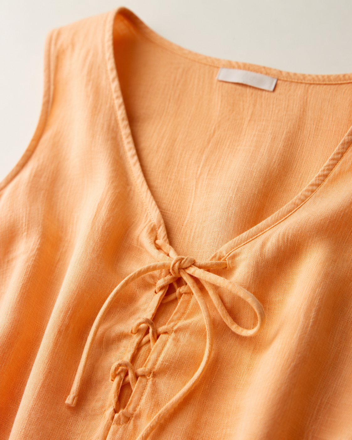 Vivia Linen Tie Dress — Apricot V-neck lace-up tie detail