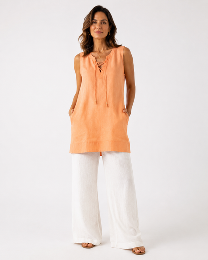 Vivia Linen Tie Dress — Apricot, full length model shot on white background