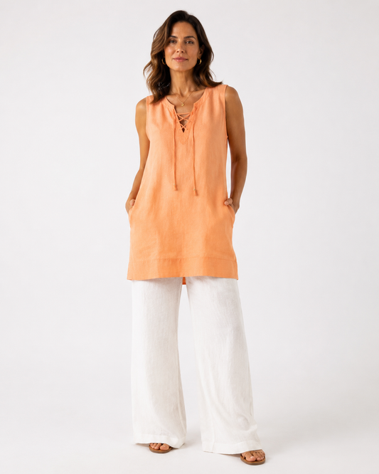 Vivia Linen Tie Dress — Apricot, full length model shot on white background