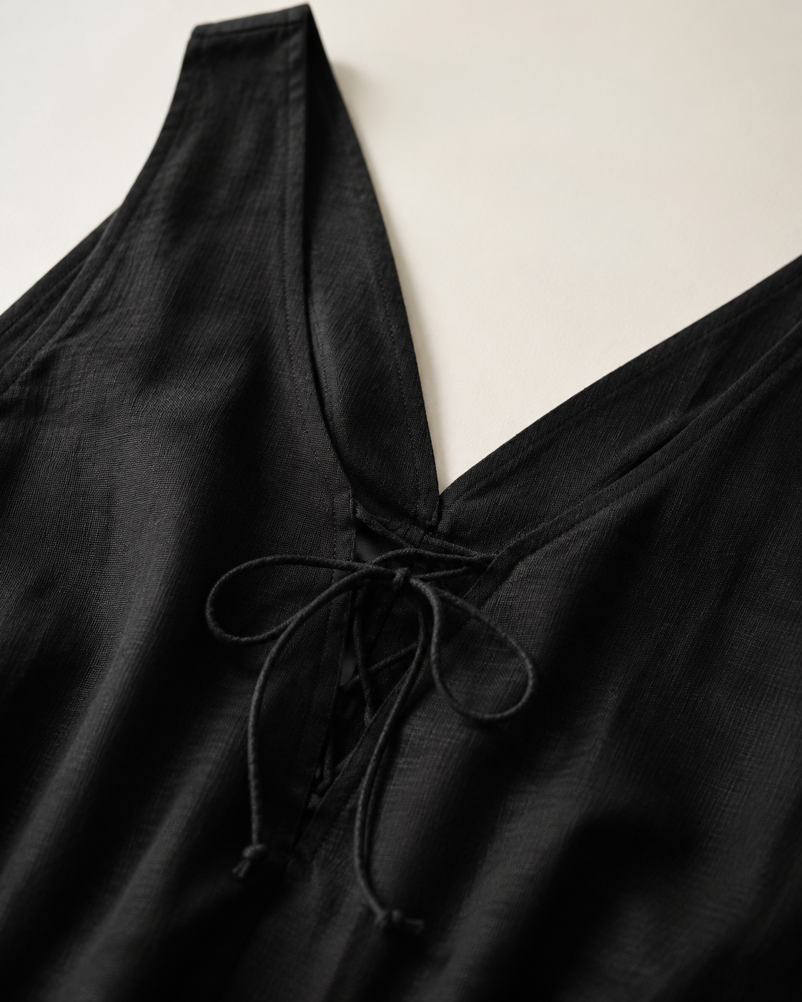 Vivia Linen Tie Dress — Black V-neck lace-up tie detail