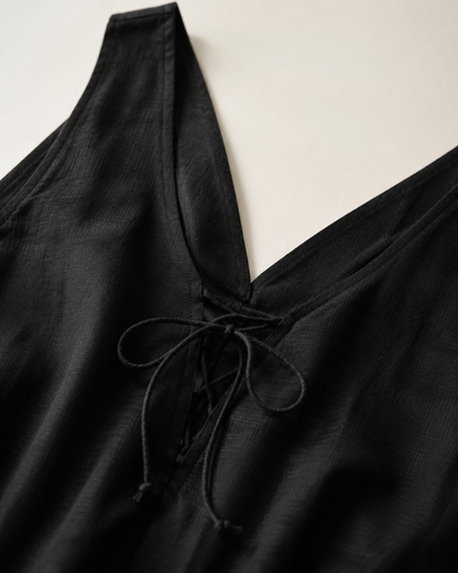 Vivia Linen Tie Dress — Black V-neck lace-up tie detail