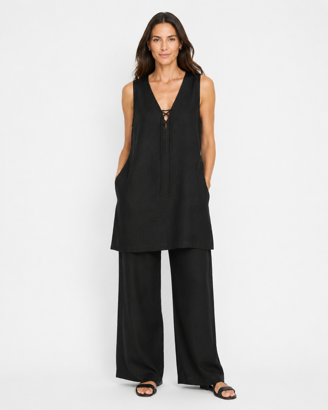 Vivia Linen Tie Dress — Black, full length model shot on white background